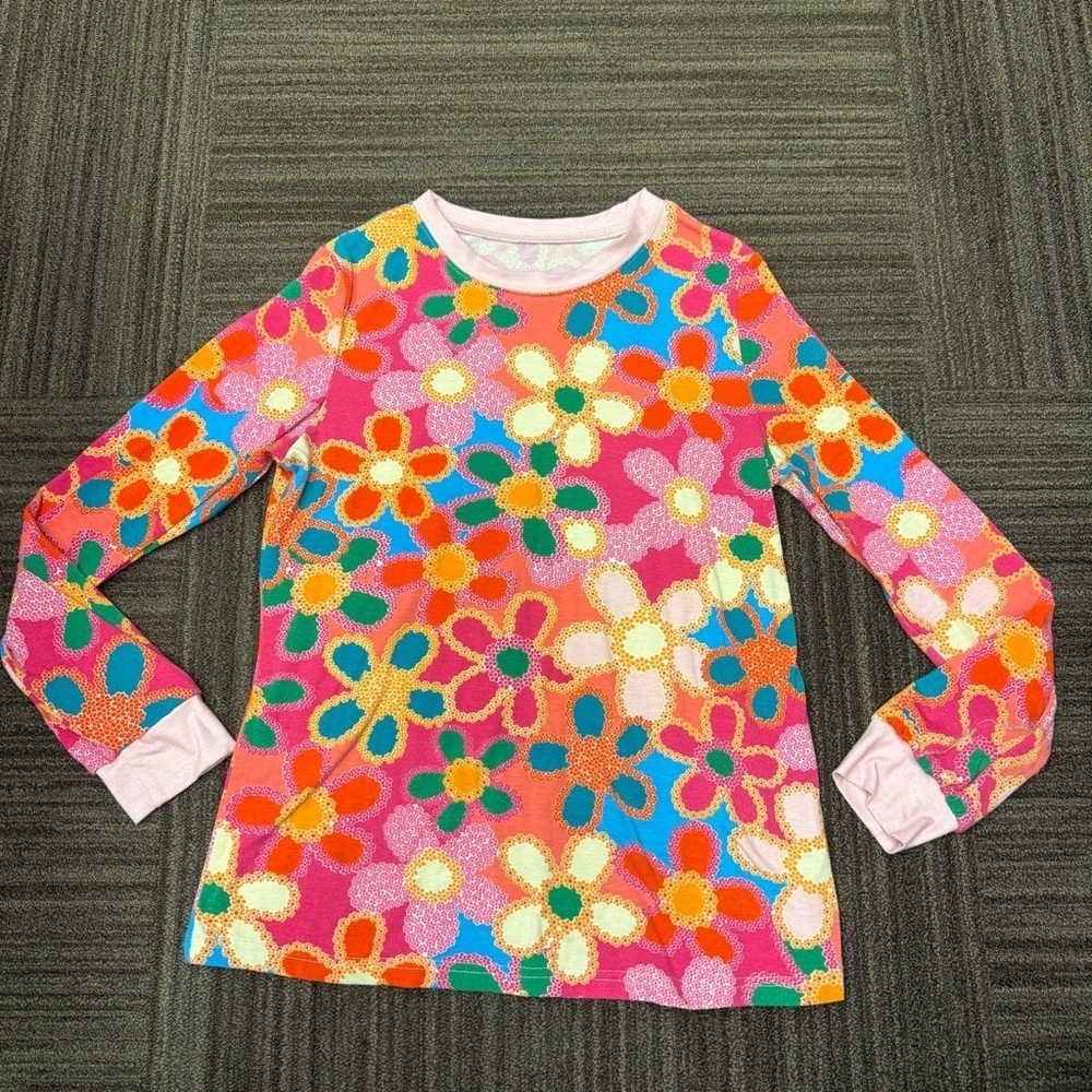 Vibrant Floral Long Sleeve Pajama Top with Smaller Flower Detail Pink Trim